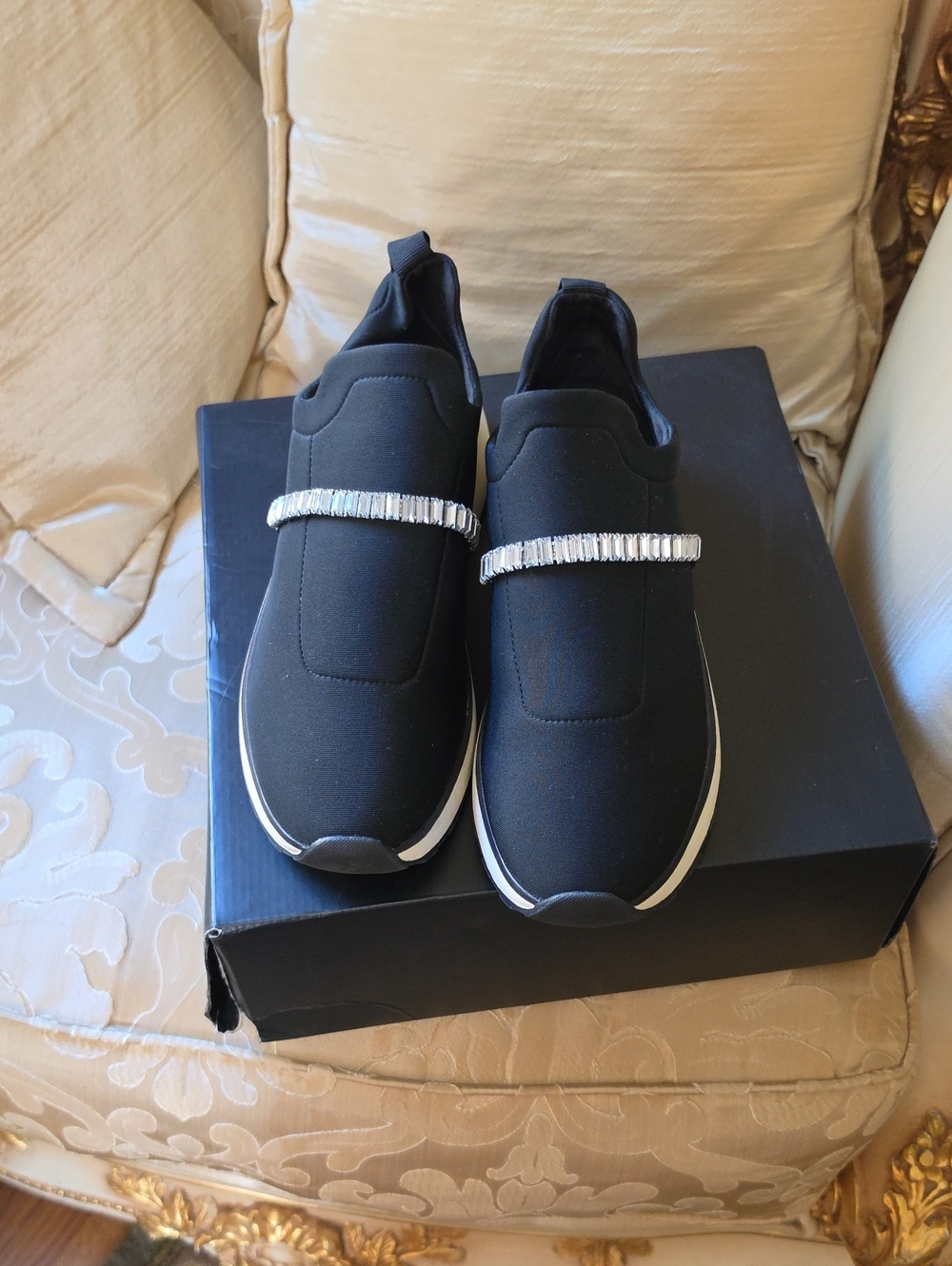 Black Slip-On Sneakers with Crystal Strap for Women